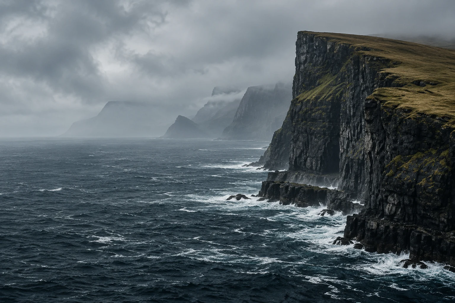 Dramatic North Atlantic cliffs in silver mist, an original generated editorial image