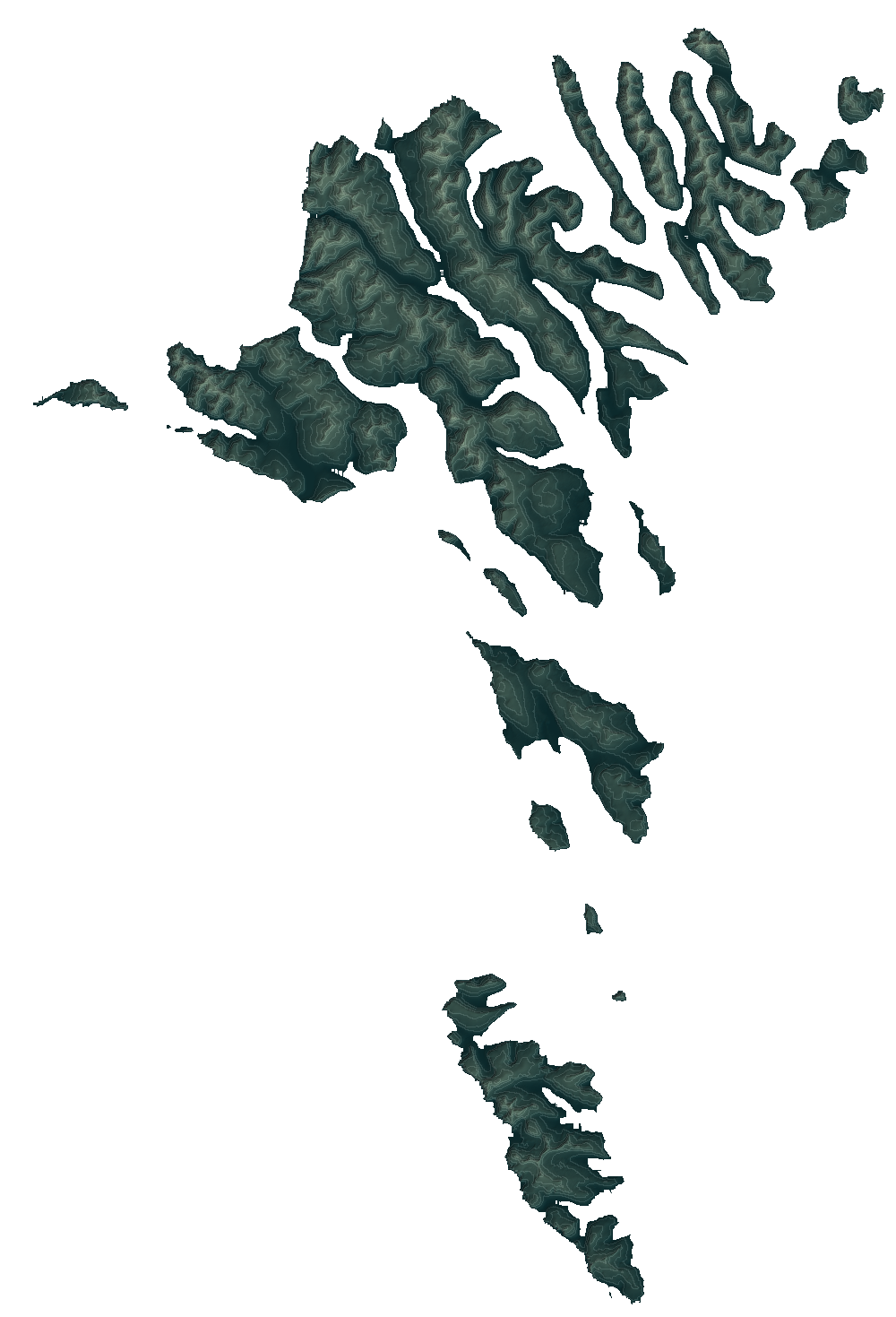 Detailed north-up Faroese DSM hillshade showing real coastlines and terrain contours
